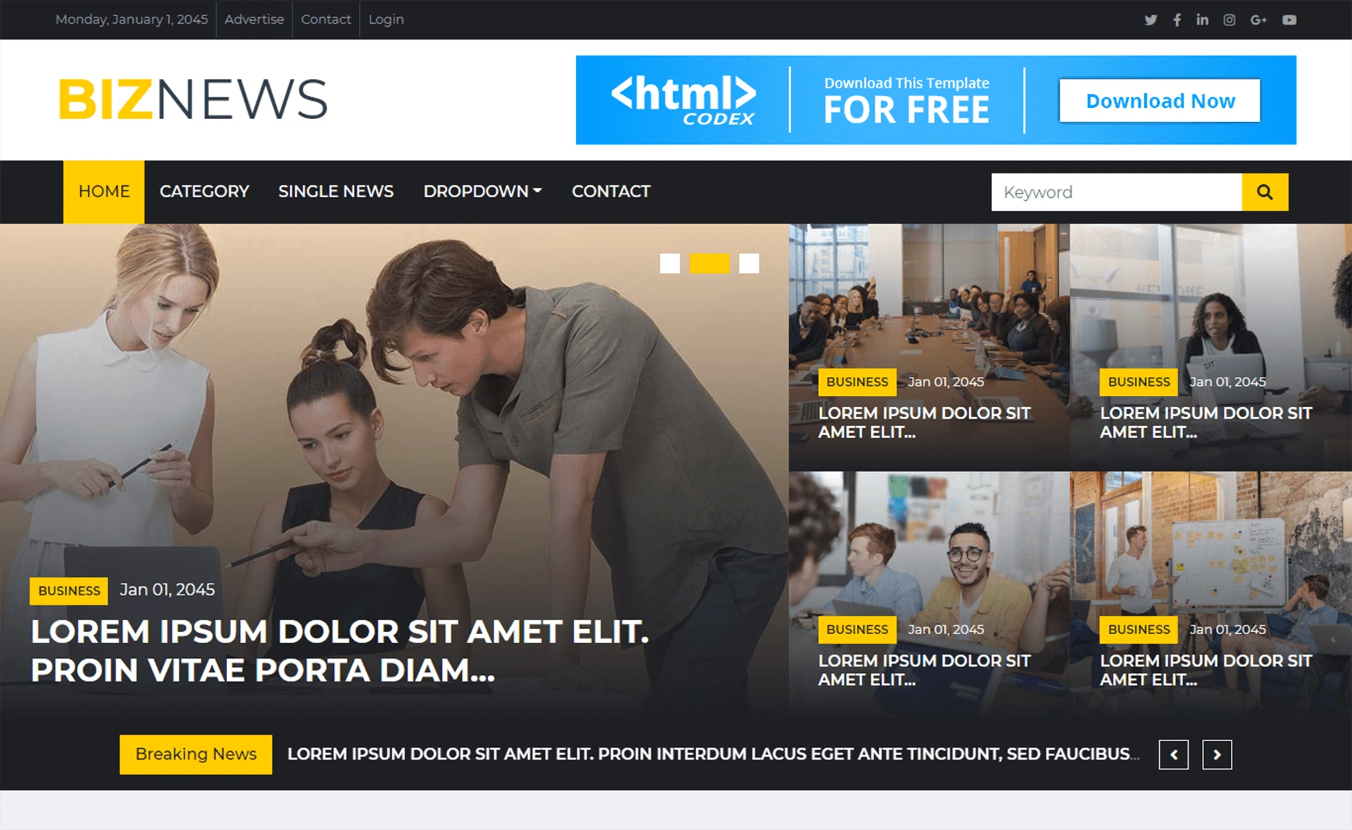 Biznews - Free Bootstrap 4 HTML5 News Portal Website Template