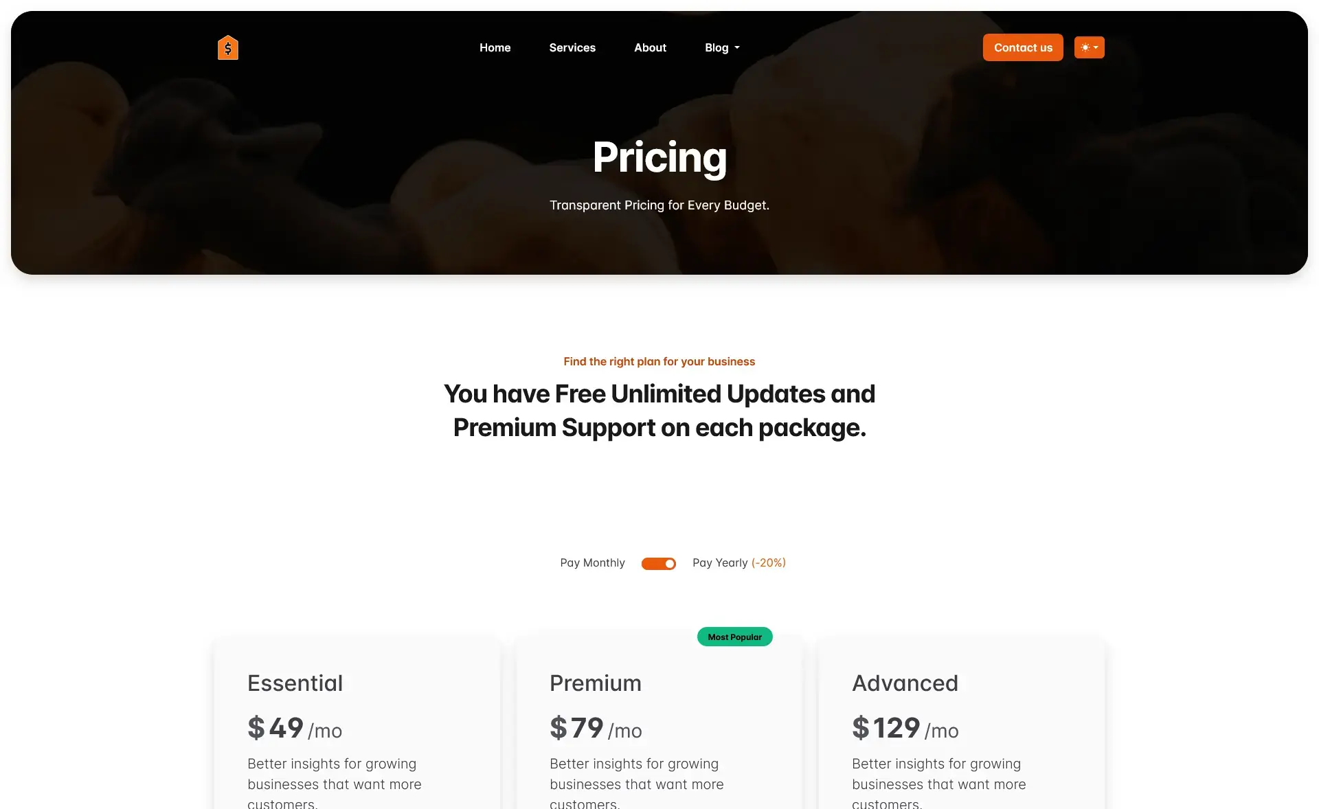 Free One-Page Responsive Pricing Plan Webpage Template