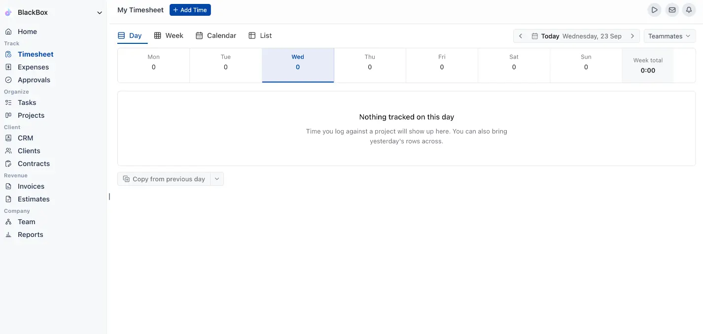 OneSuite timesheet day view with Day, Week, Calendar, and List tabs