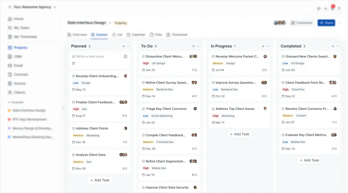 OneSuite project management Kanban board with tasks and deliverables