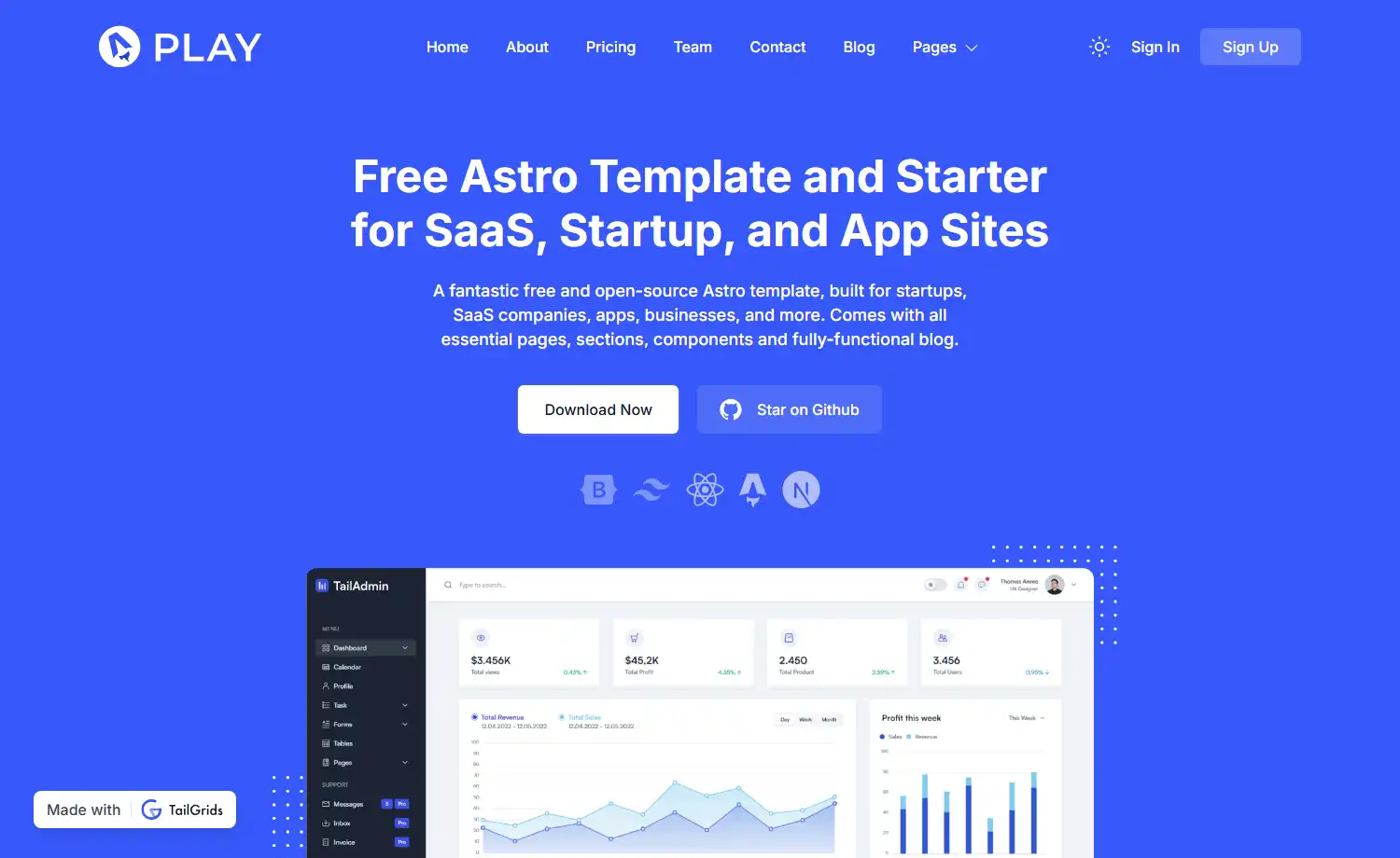 Play - Free Tailwind CSS & Astro SaaS Starter Website Template
